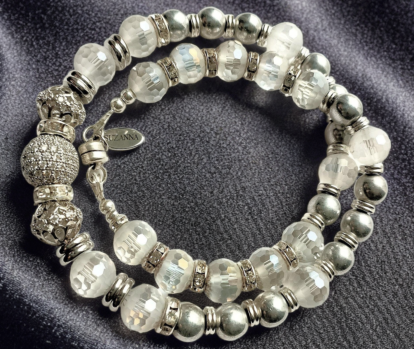 Czech Glass Silver Druk Beads, Faceted Frosted Glass Beads, Rhinestones & Pave Focal Convertible Choker Necklace/Wrap Bracelet