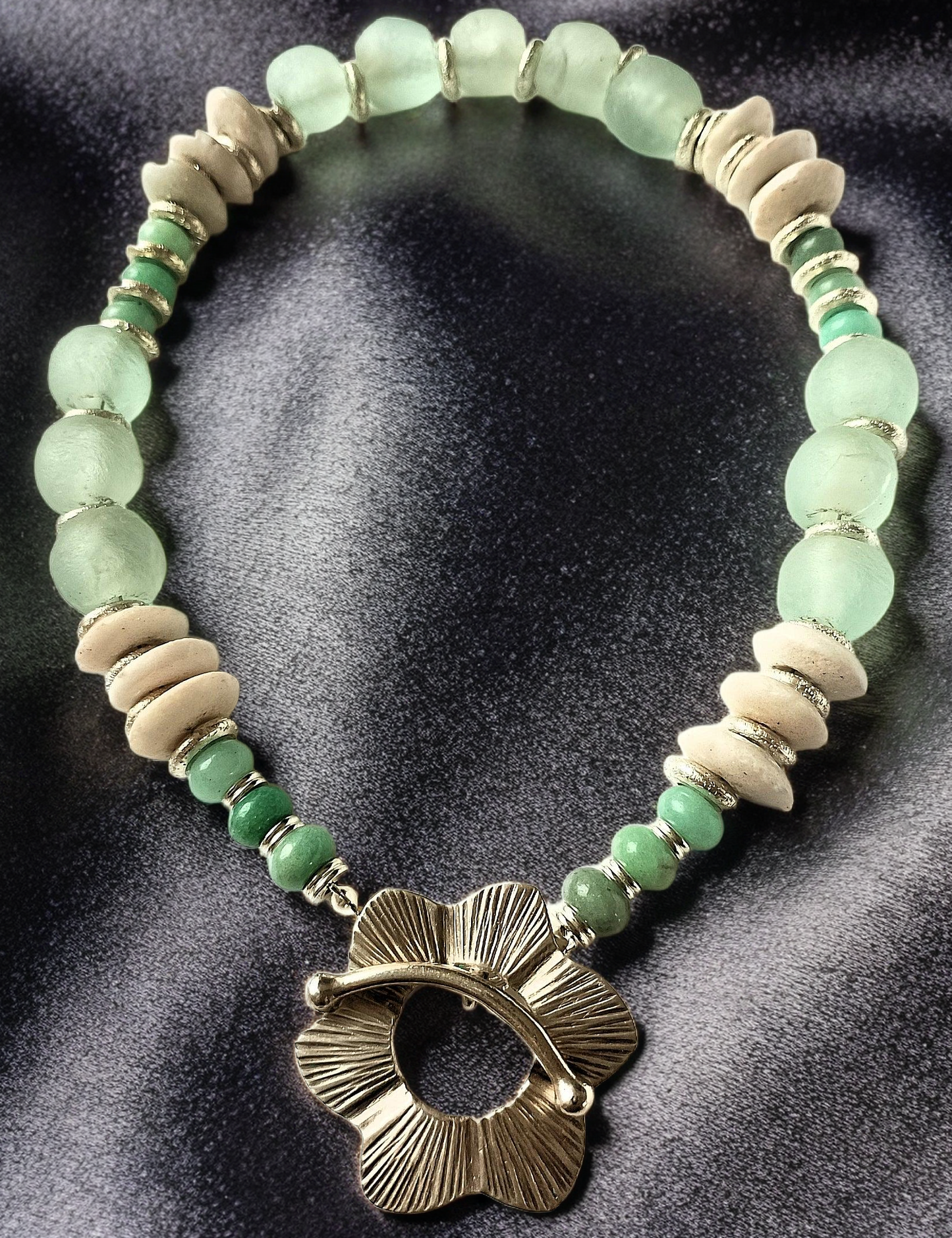 African Ashanti & Krobo Recycled Glass Beads with Amazonite Rondelles Choker Necklace