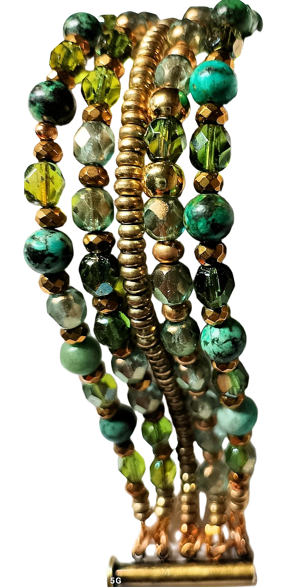 African Turquoise, Czech Glass, and Brass Heishi Five -Strand Bracelet