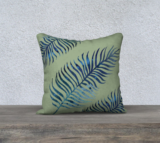 Three Blue Feathery Leaves on Green Decorative Pillow-18" x 18"