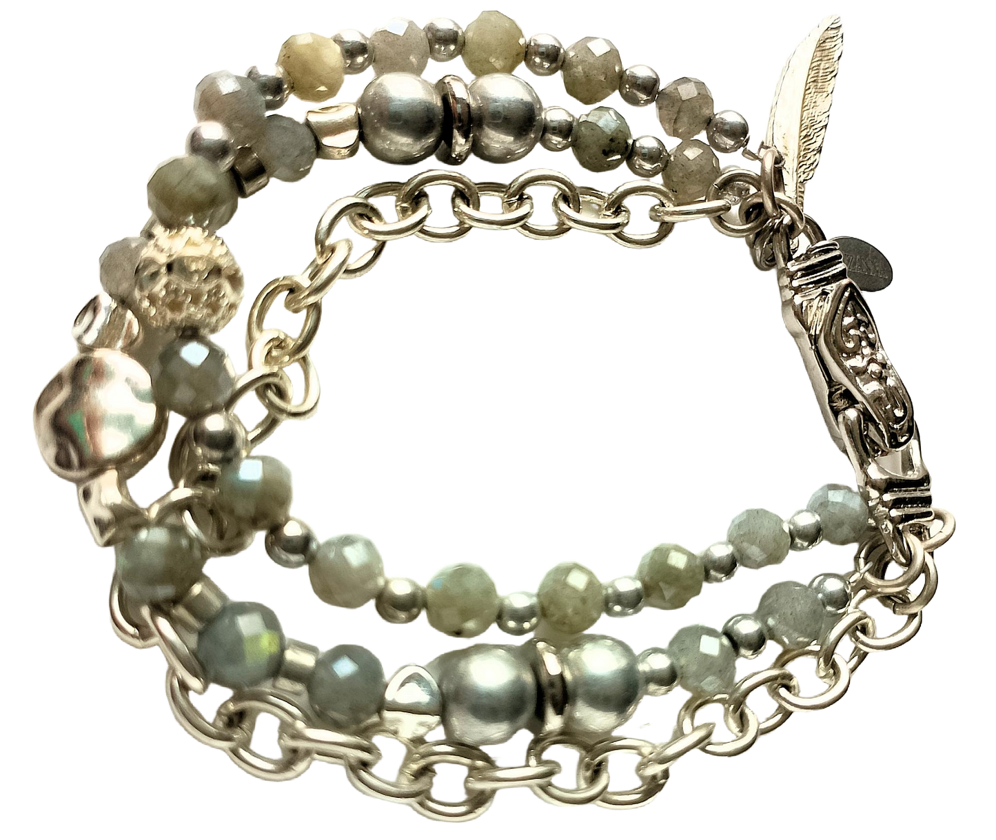 Faceted Labradorite, Silver Druk Czech Glass Beads. Silver Chain & Sterling Silver beads Three-Strand Bracelet