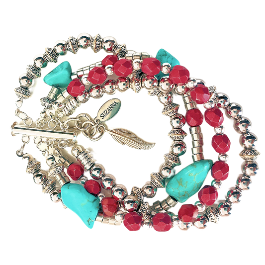 Turquoise, Czech Glass & Sterling Silver Beads Five-Strand Bracelet