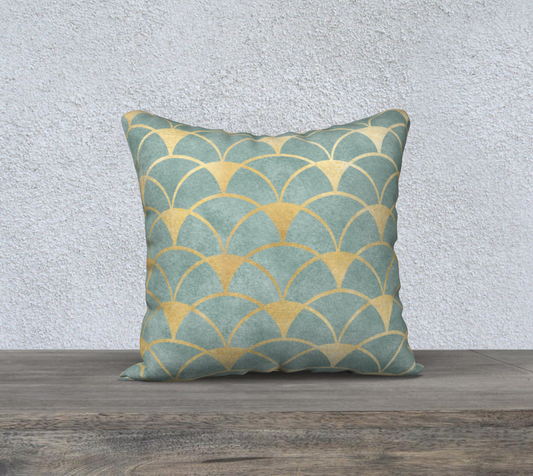 Gold Pattern on Aqua Green Decorative Pillow-18" x 18"