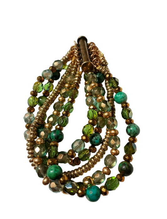 African Turquoise, Czech Glass, and Brass Heishi Five -Strand Bracelet