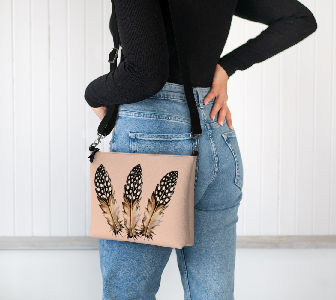 Three Spotted Feathers on Antique Coral Vegan Leather Crossbody Purse