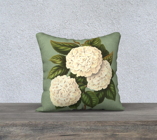 Cream Hydrangeas on Green Decorative Pillow-18" x 18"