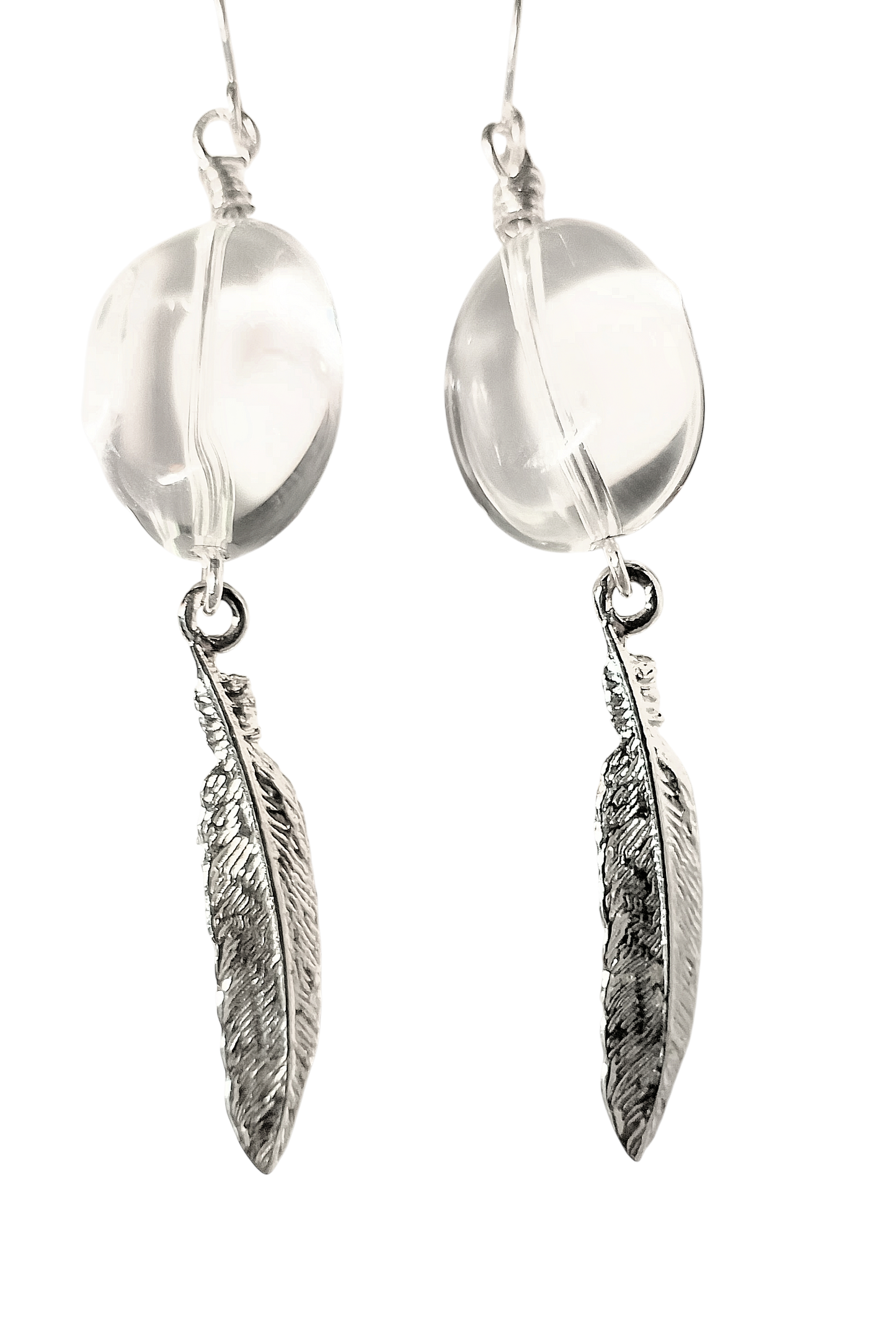 Polished Rock Crystal Quartz Earrings with Sterling Silver-Plated Pewter Feather Charm
