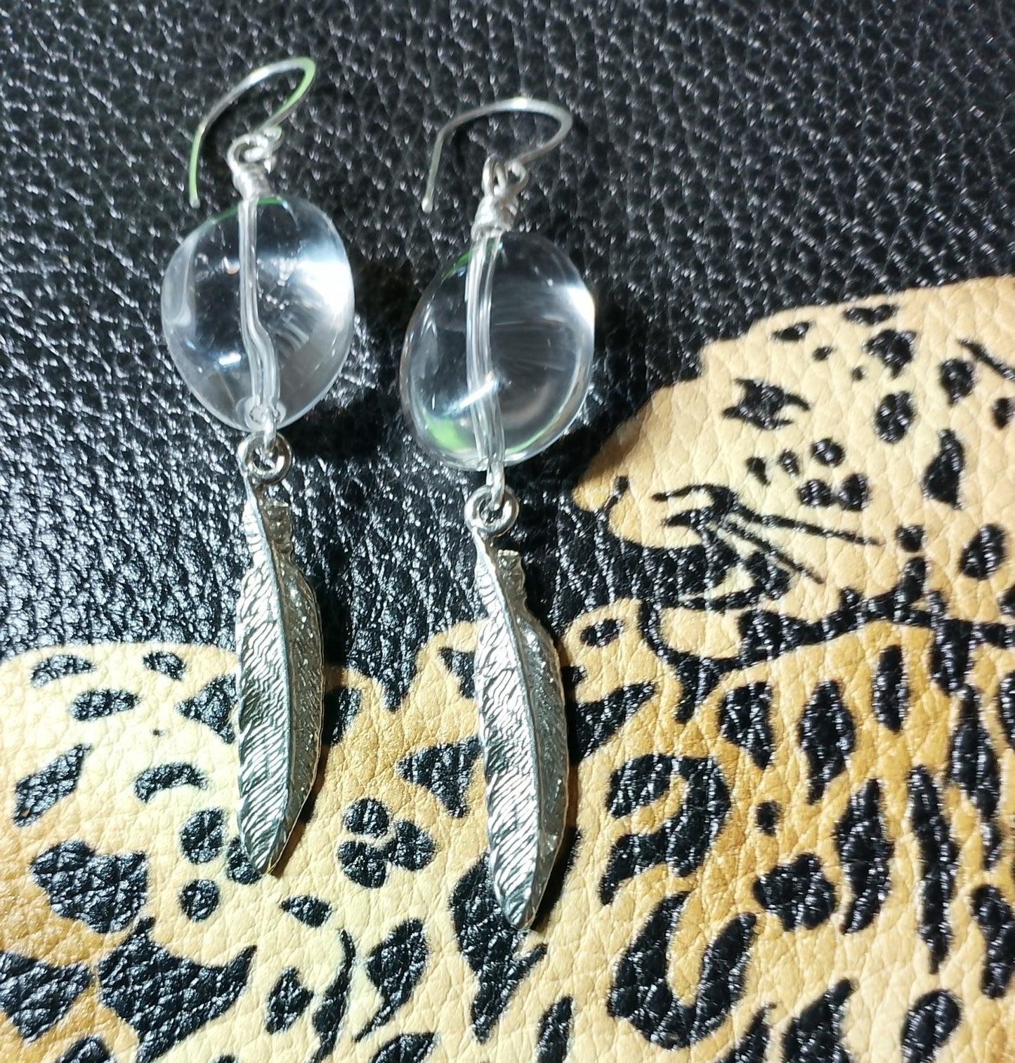 Clear Rock Crystal Quartz Earrings with Sterling Silver-Plated Pewter Feather Drop