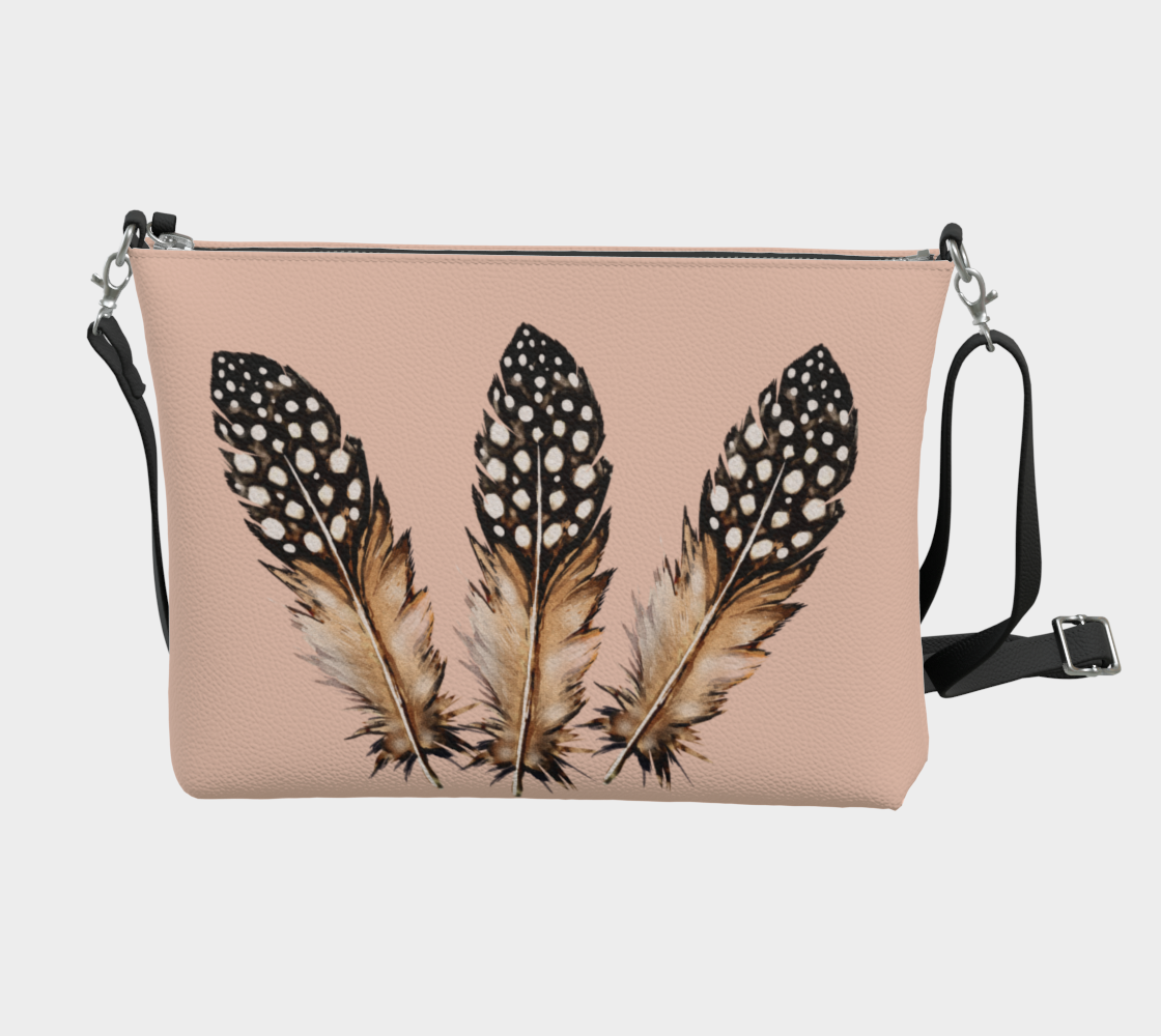 Three Spotted Feathers on Antique Coral Vegan Leather Crossbody Purse