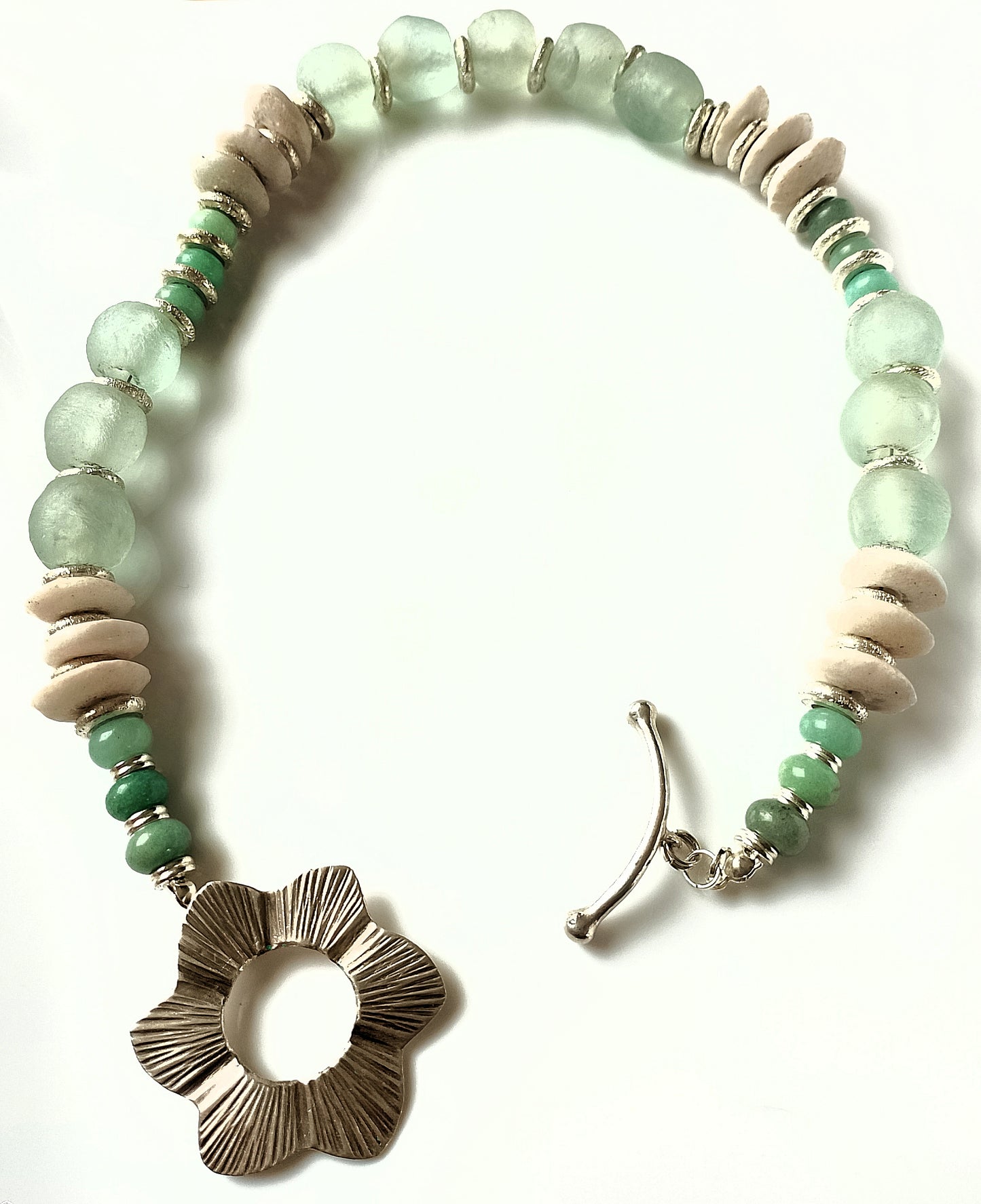 African Ashanti & Krobo Recycled Glass Beads with Amazonite Rondelles Choker Necklace
