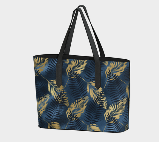 Gold & Blue Leaves Vegan Leather Tote Bag