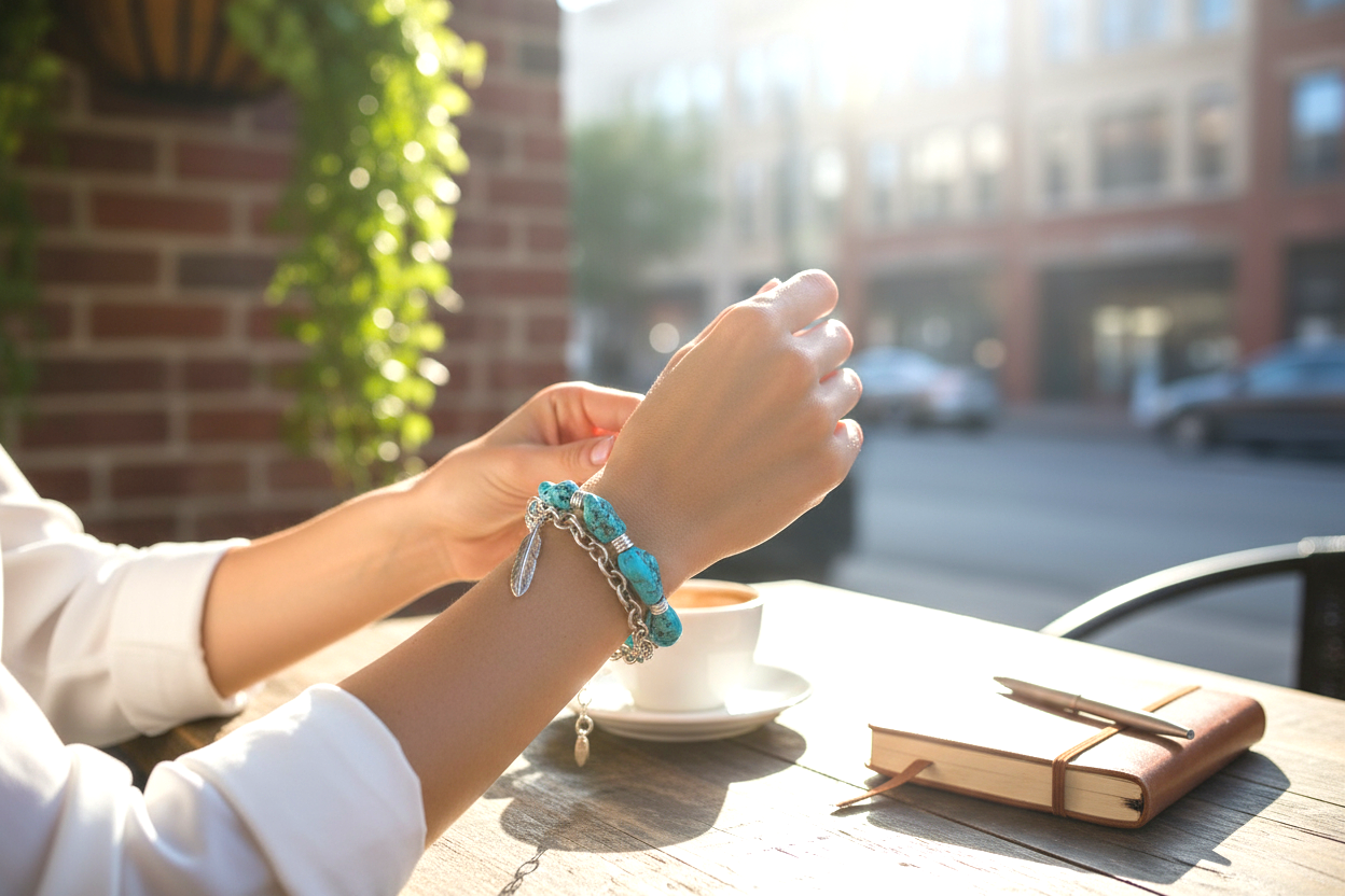 Polished Natural Turquoise Nugget & Chain Two-Strand Bracelet