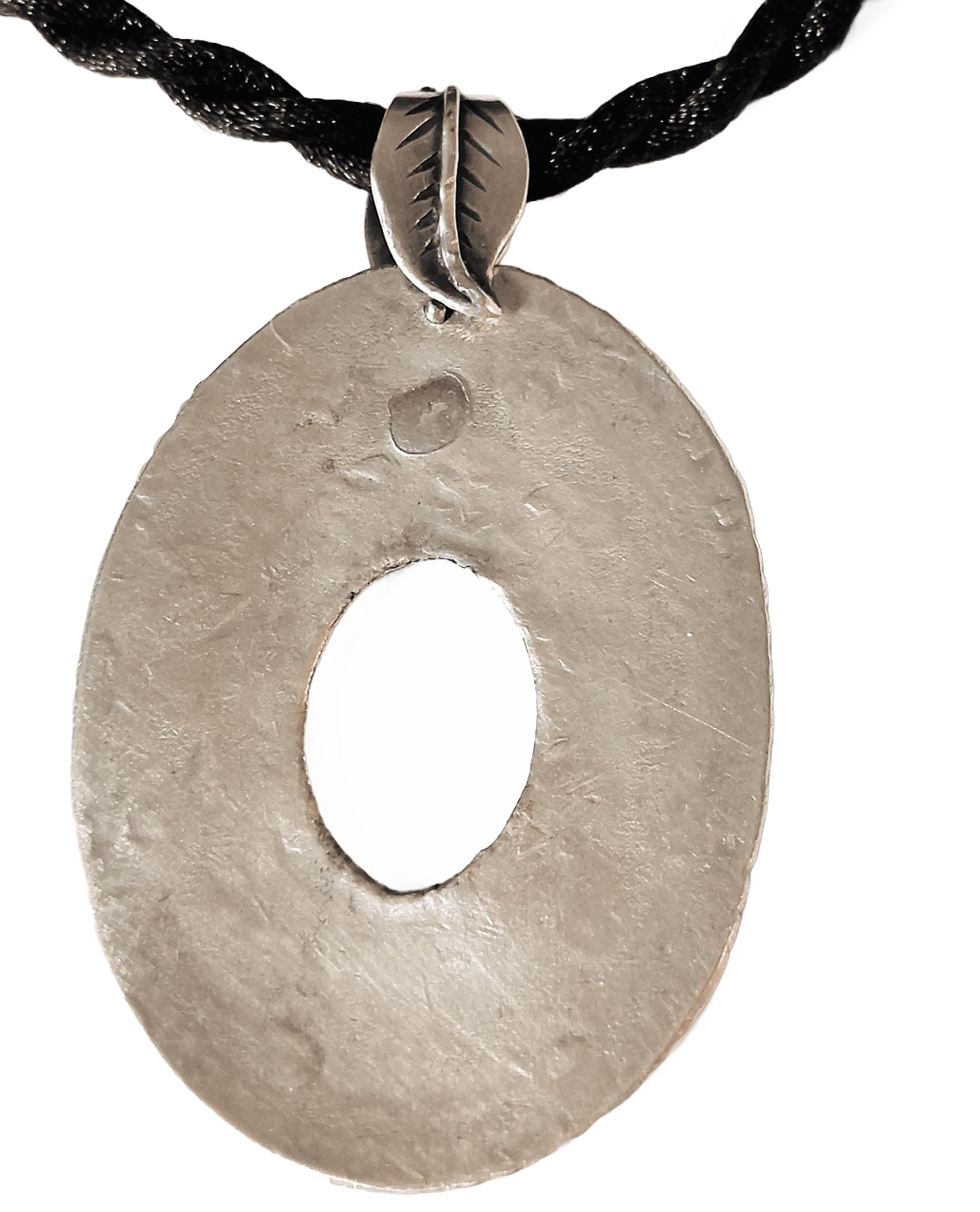 Hill Tribe Fine Silver Oval Donut Pendant on Black Satin Twisted Cord Necklace