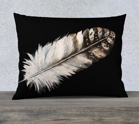 Watercolor Feather on Black Pillow Cover 26" x 20"