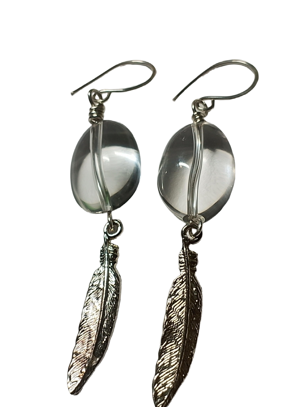 Clear Rock Crystal Quartz Earrings with Sterling Silver-Plated Pewter Feather Drop
