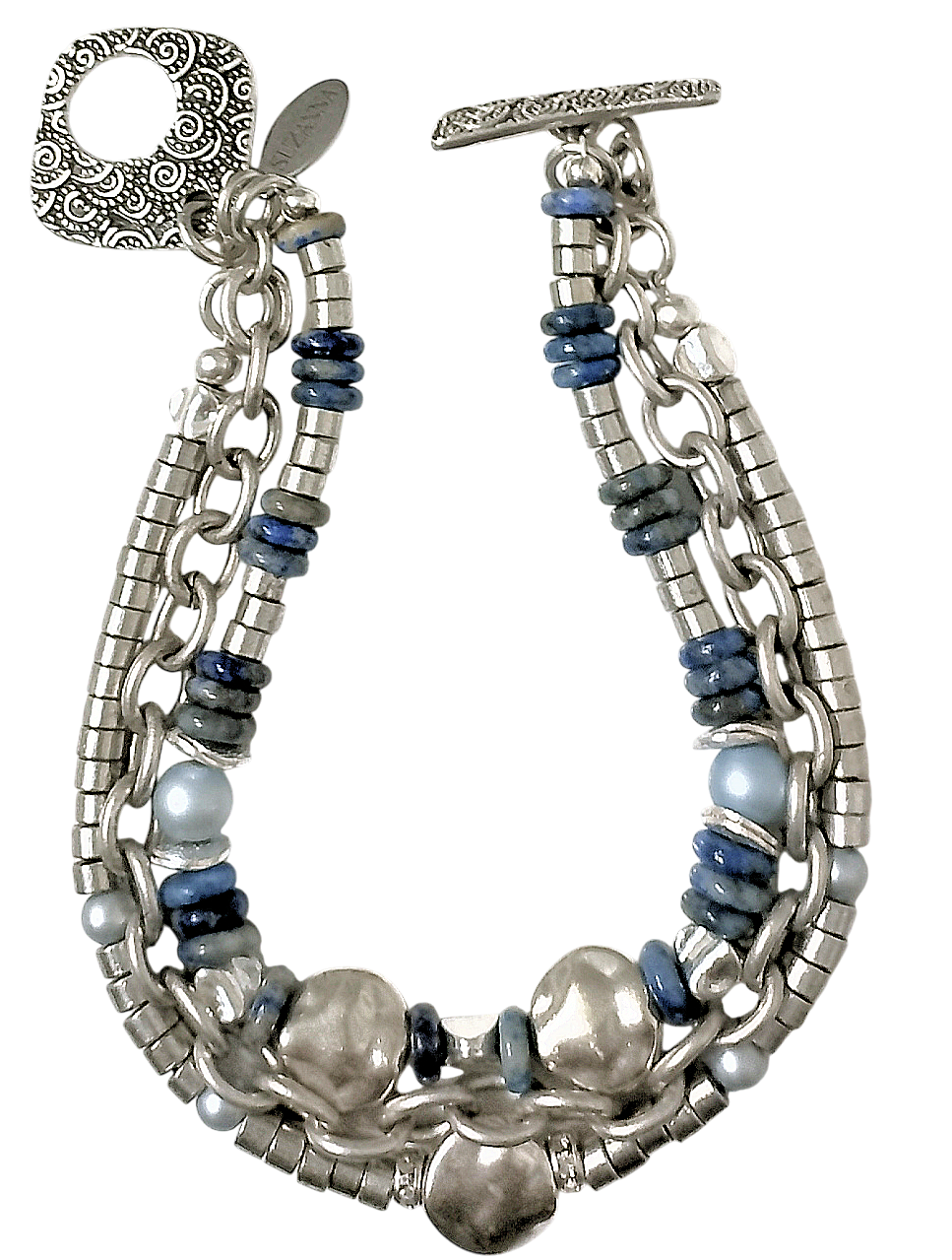 Denim Lapis Lazuli & Silver Heishi Three-Strand Bracelet