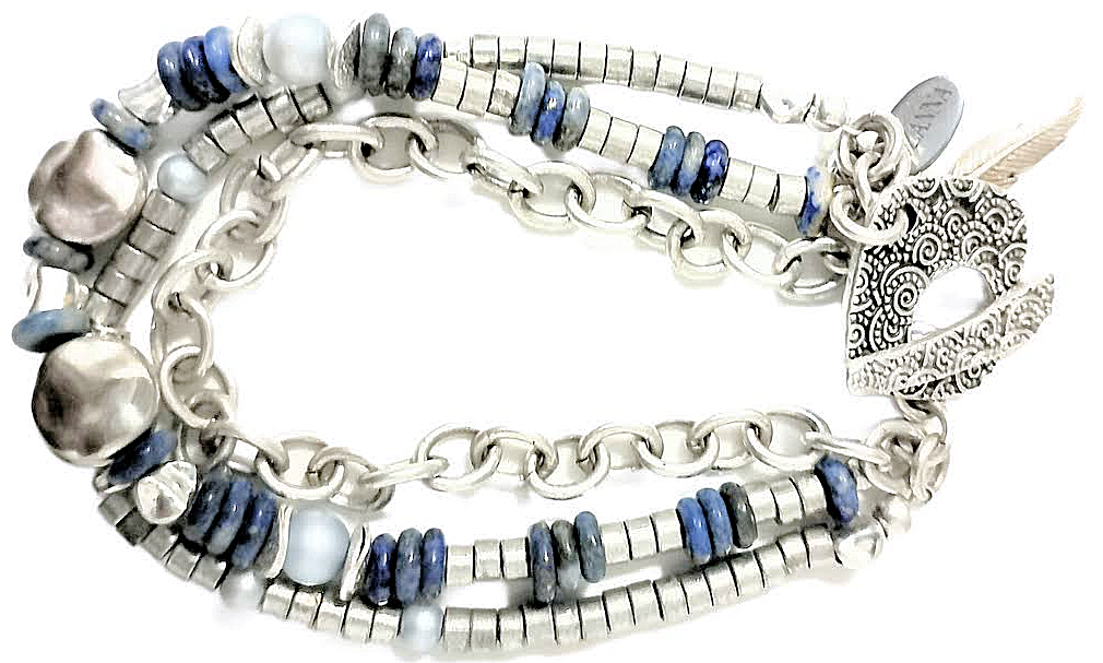Denim Lapis Lazuli & Silver Heishi Three-Strand Bracelet