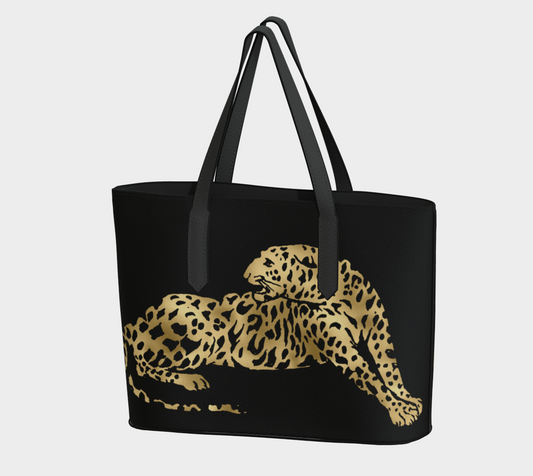 Leopard on Black Vegan Leather Tote Bag