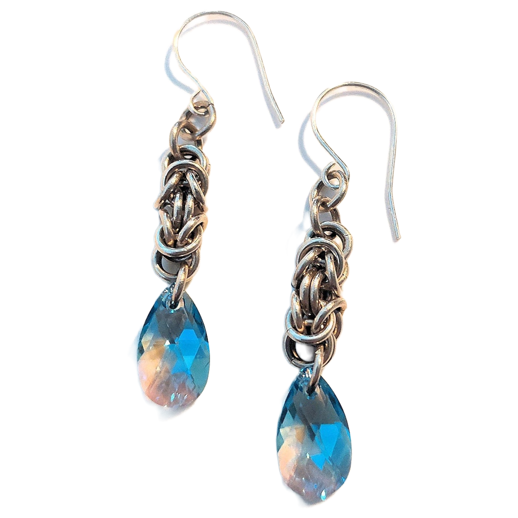 Swarovski Crystal Blue Teardrop Sterling Silver Byzantine Chain Maille Earrings