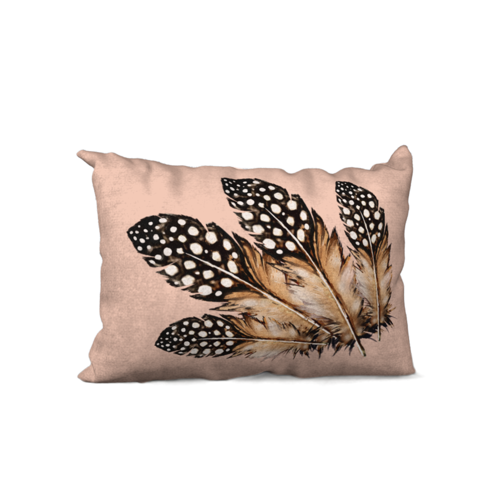 Four Spotted Feathers on Antique Coral Decorative Pillow - 20" x 14"