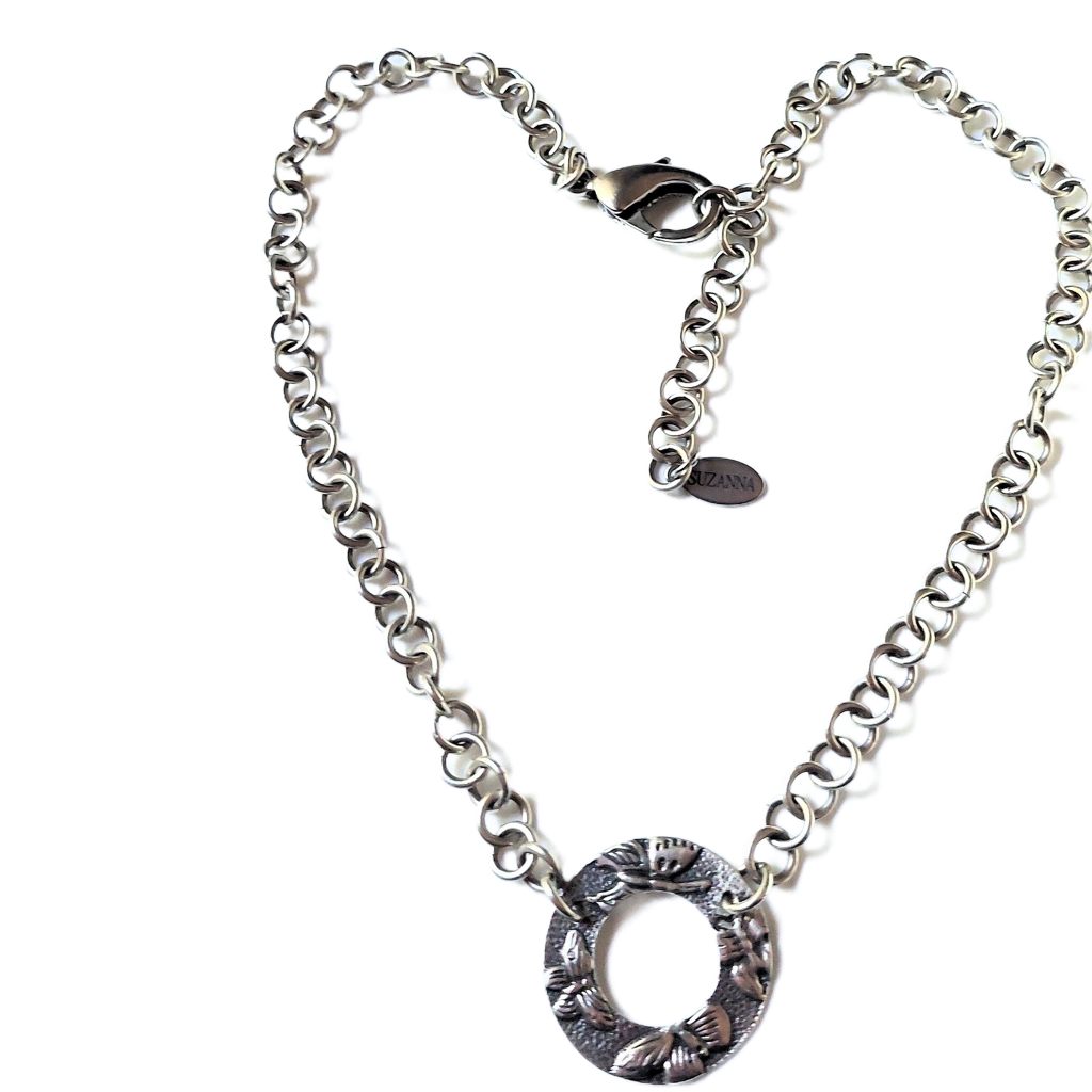 Sterling Silver 1-in-1 Chain Choker Necklace w/Sterling Silver Butterfly Embossed Donut Pendant OOAK