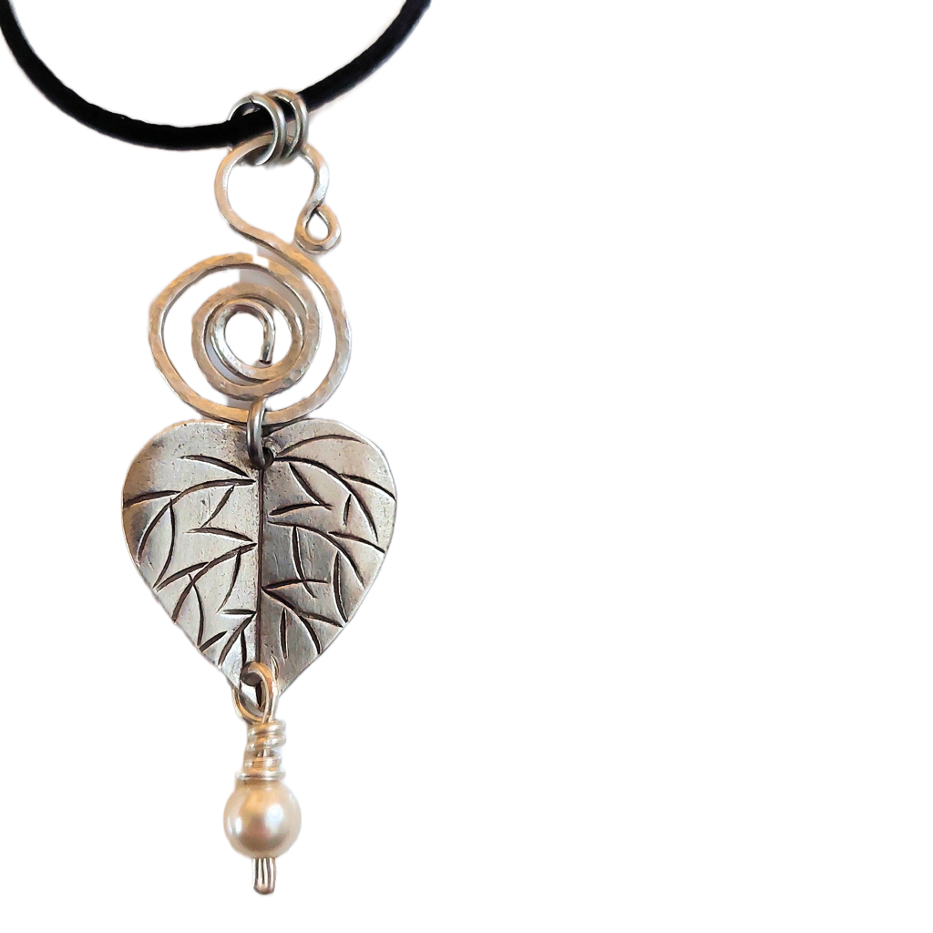 Silver-fill Spiral, Hill Tribe Silver Leaf & Swarovski Crystal Pearl Pendant Necklace OOAK