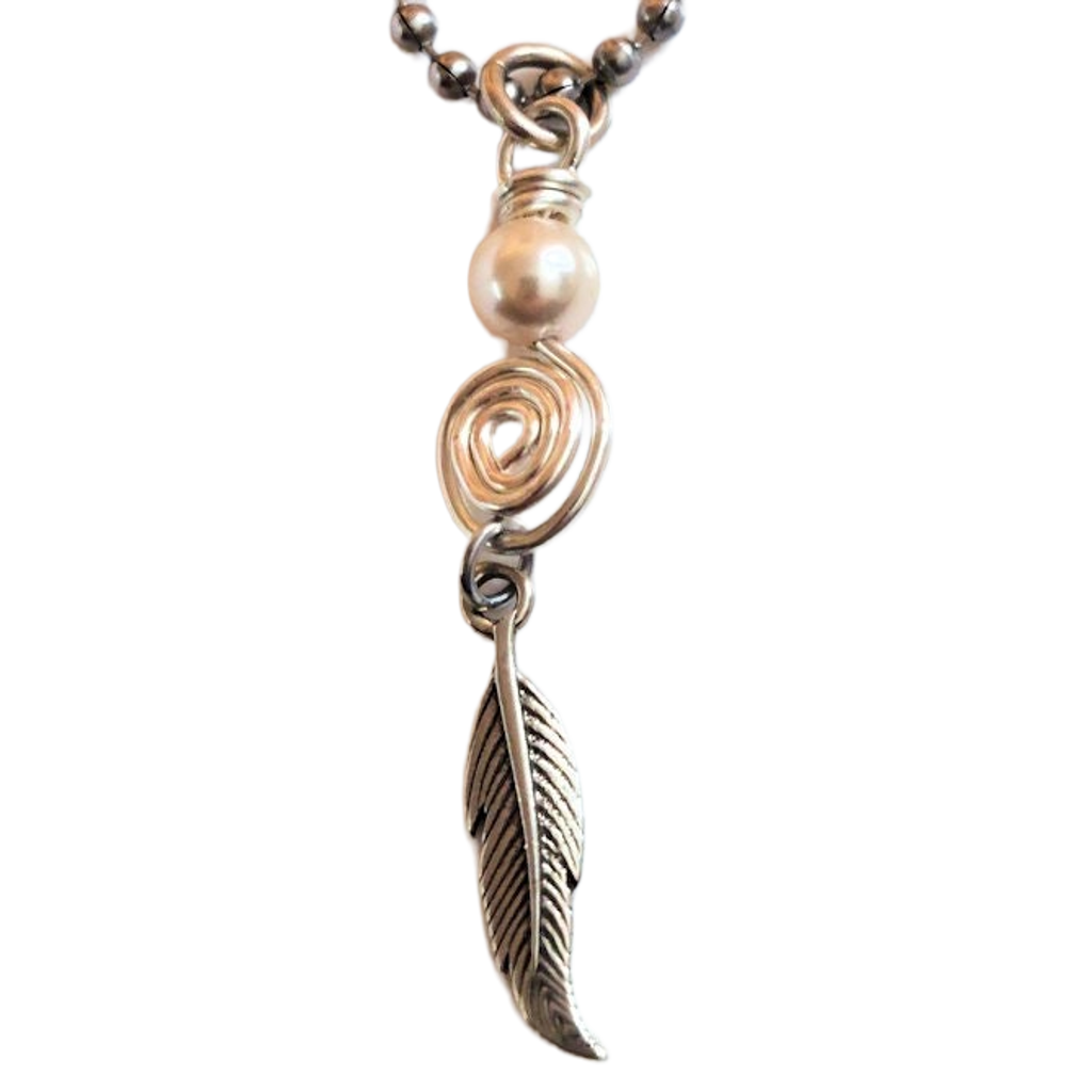 Silver-fill Spiral, Swarovski Crystal Pearl and Sterling Silver Feather Pendant Necklace OOAK