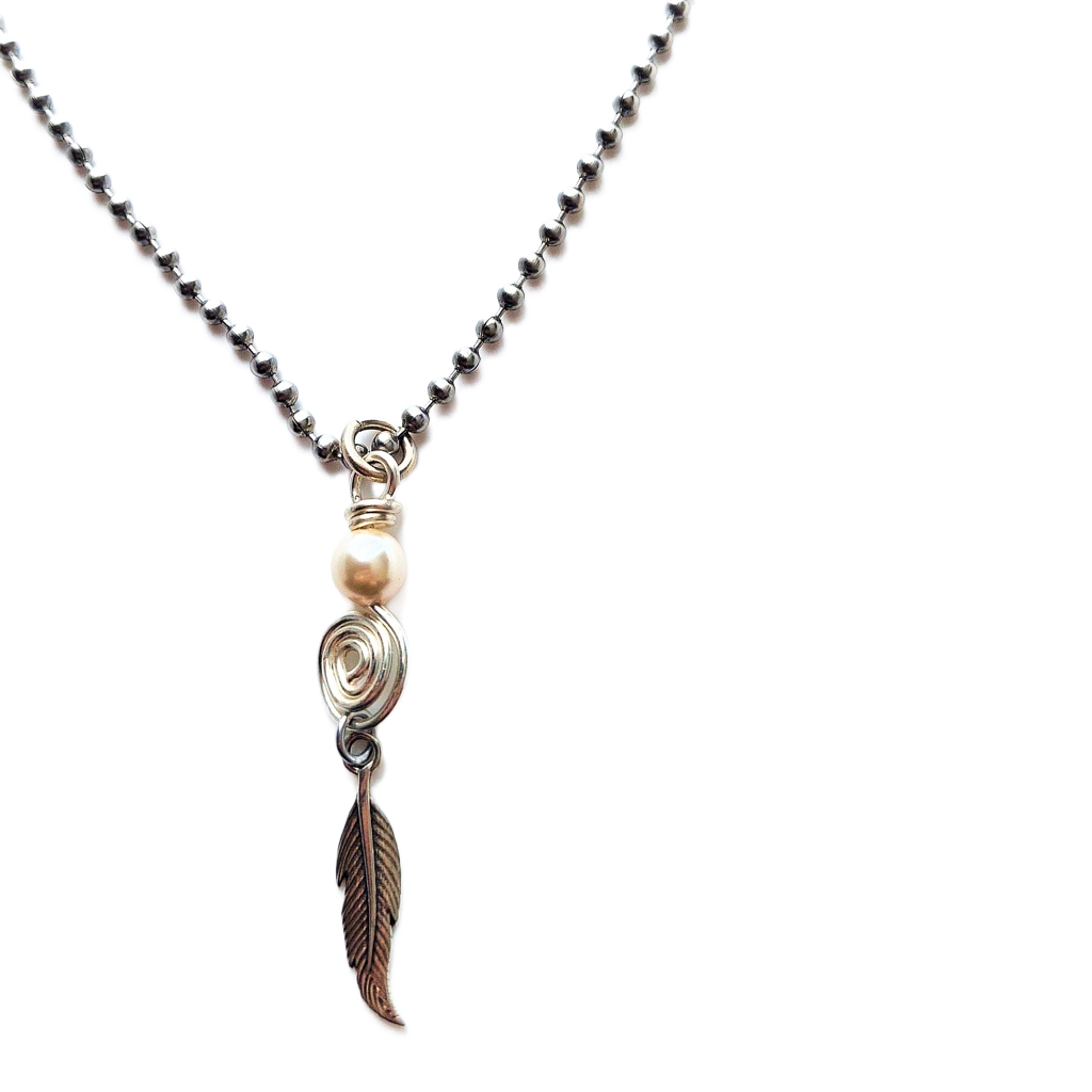 Silver-fill Spiral, Swarovski Crystal Pearl and Sterling Silver Feather Pendant Necklace OOAK