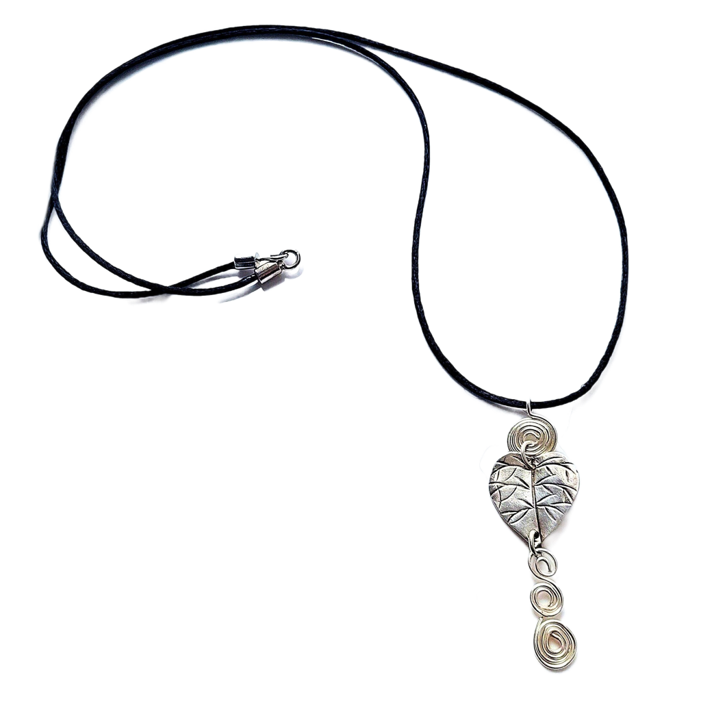 Hill Tribe Silver Leaf with Silver Spirals Accent Pendant Necklace OOAK