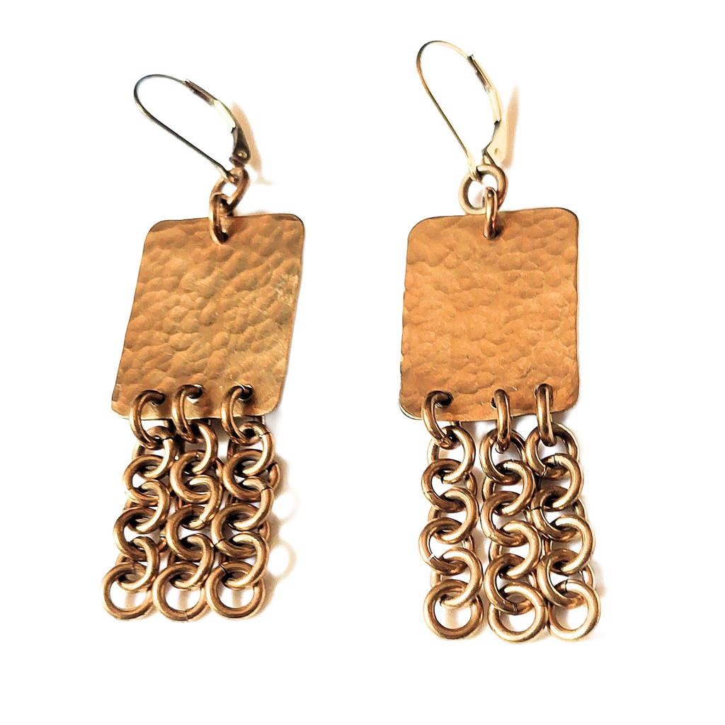 Hammered Bronze Rectangles w/Chains Earrings