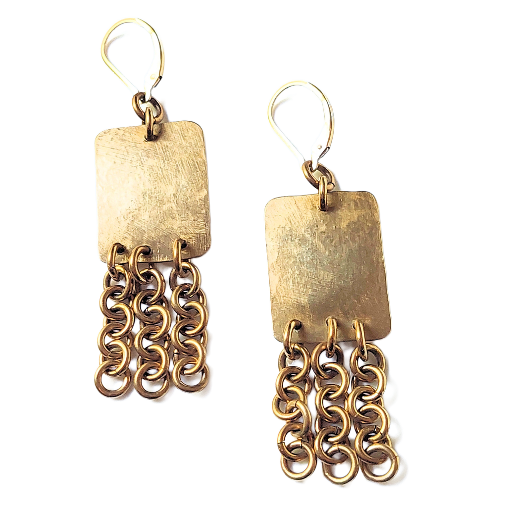 Hammered Bronze Rectangles w/Chains Earrings