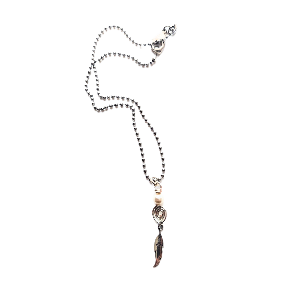 Silver-fill Spiral, Swarovski Crystal Pearl and Sterling Silver Feather Pendant Necklace OOAK