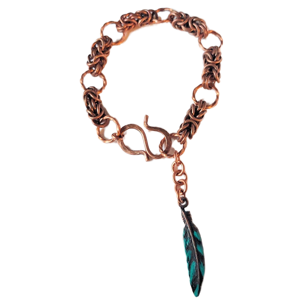 Copper Byzantine Chain Maille Bracelet w/Feather Charm