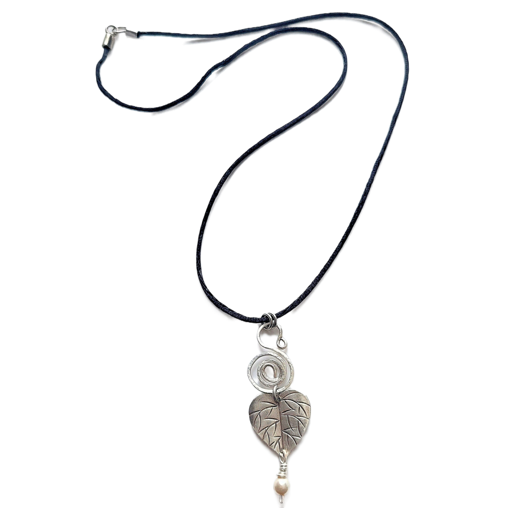 Silver-fill Spiral, Hill Tribe Silver Leaf & Swarovski Crystal Pearl Pendant Necklace OOAK