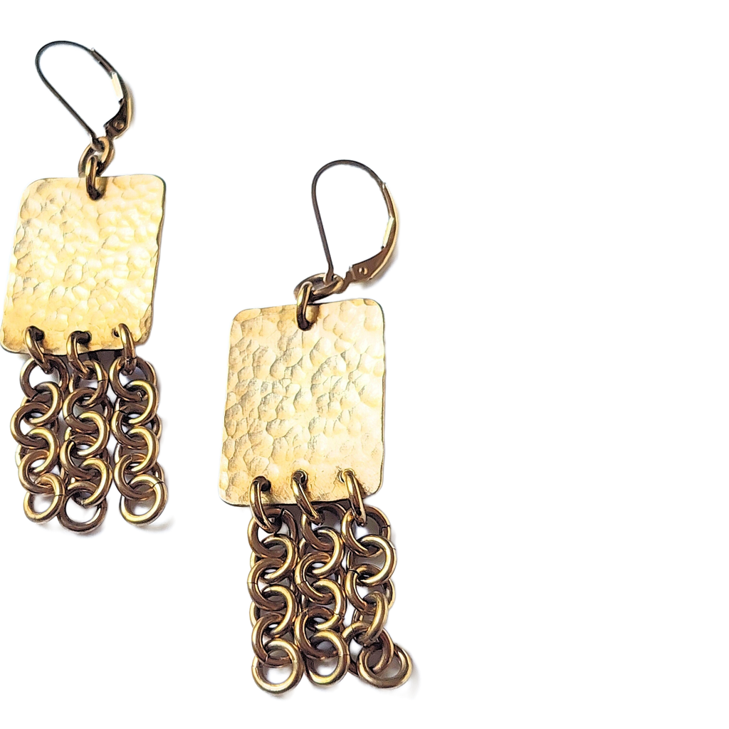 Hammered Bronze Rectangles w/Chains Earrings