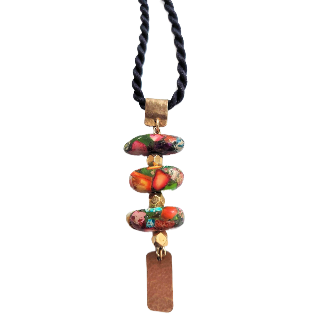 Trio of Layered Mixed Impression Jasper Stones and Gold-plated Faceted Beads Pendant Necklace OOAK