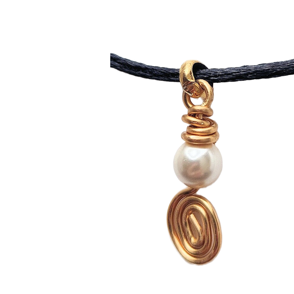 Layered Silk Cord Golden Brass Spiral & Swarovski Crystal Pearl Pendant Necklace OOAK