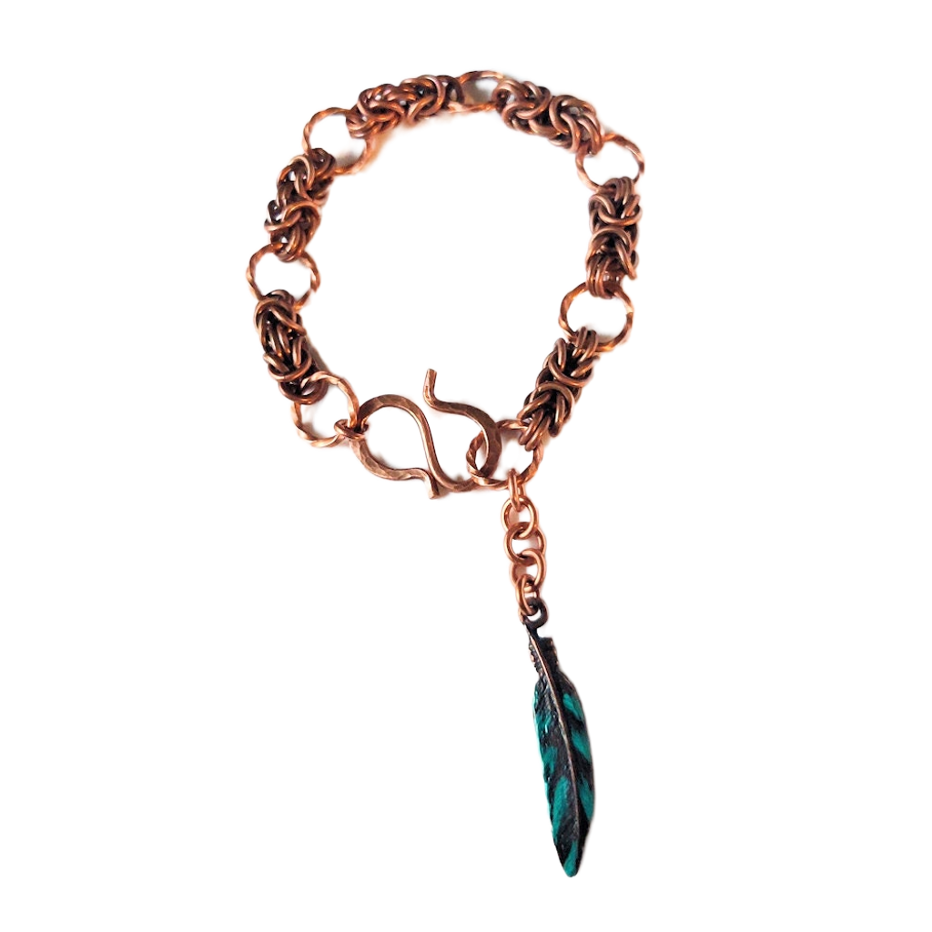 Copper Byzantine Chain Maille Bracelet w/Feather Charm