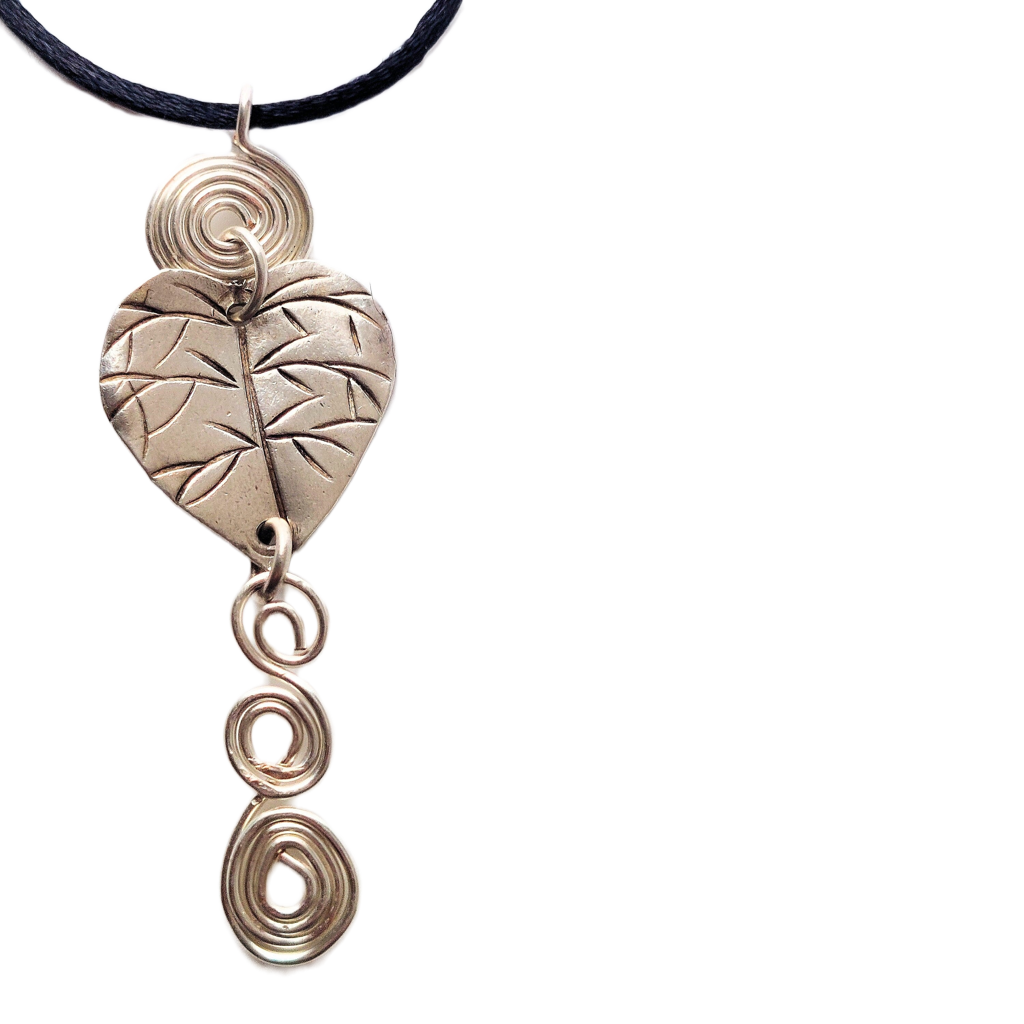 Hill Tribe Silver Leaf with Silver Spirals Accent Pendant Necklace OOAK