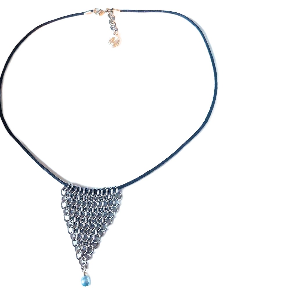 Stainless Steel Half Diamond Pendant Necklace with Ice Blue Swarovski Crystal Pearl