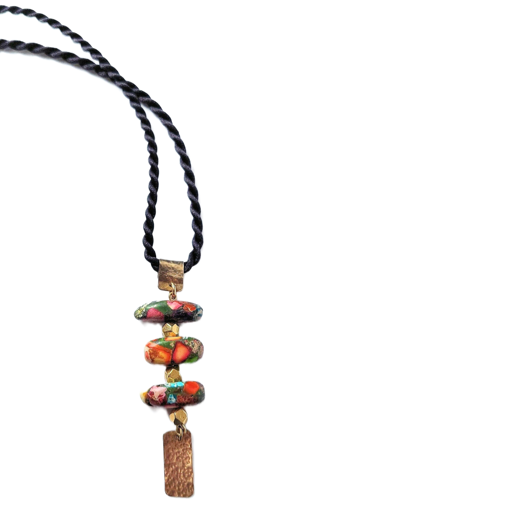 Trio of Layered Mixed Impression Jasper Stones and Gold-plated Faceted Beads Pendant Necklace OOAK