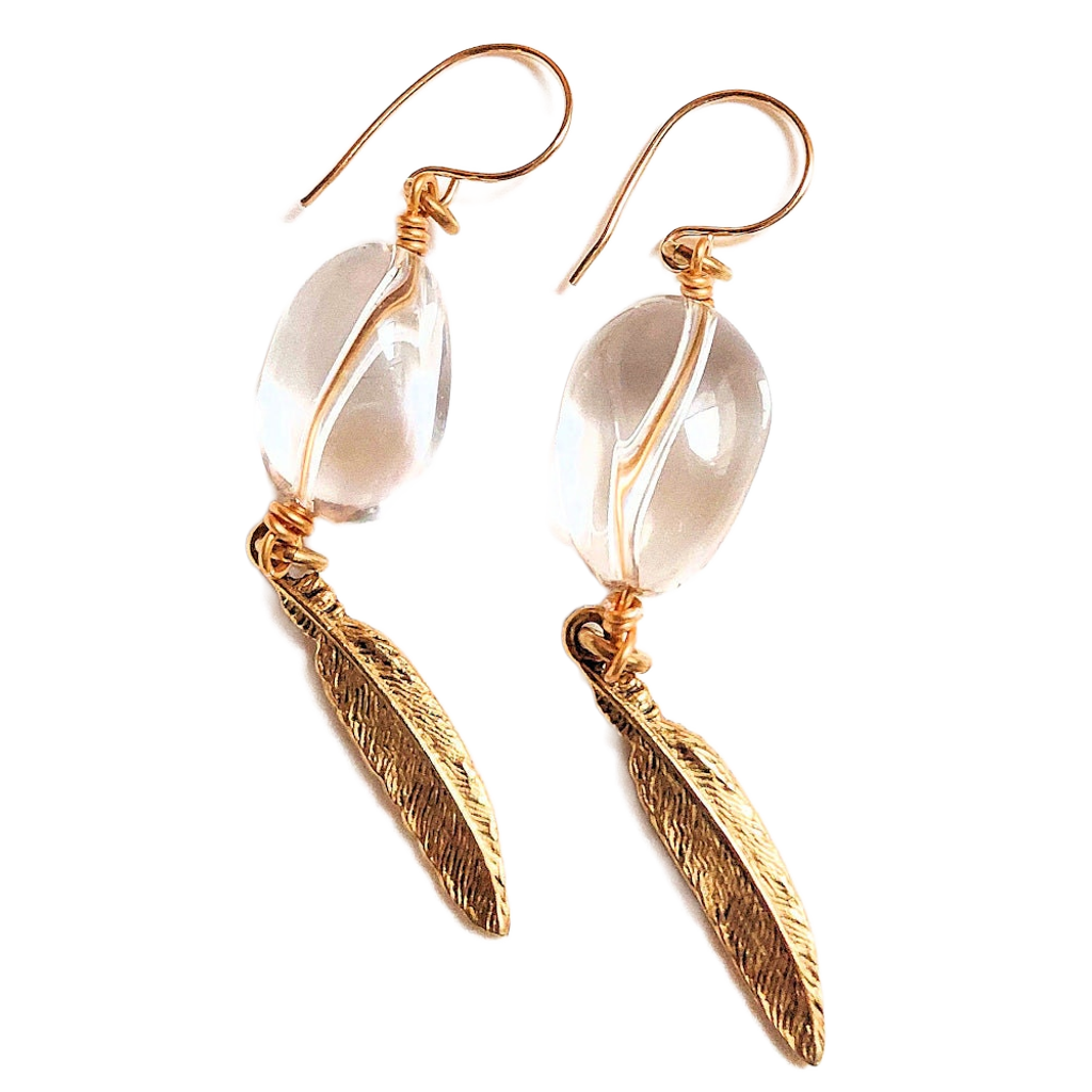 Clear Quartz & Golden Feather Earrings