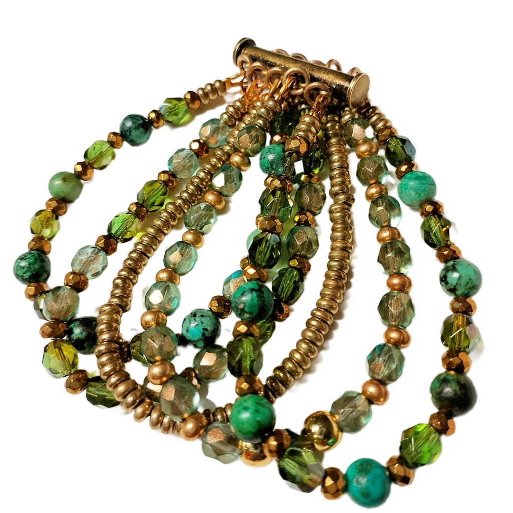 African Turquoise, Czech Glass, and Brass Heishi Five -Strand Bracelet