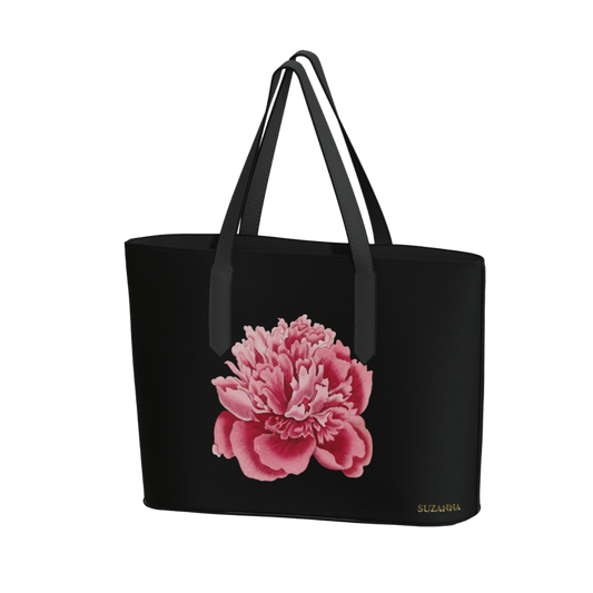 Signature SUZANNA Pink Peony on Black Vegan Leather Tote Bag