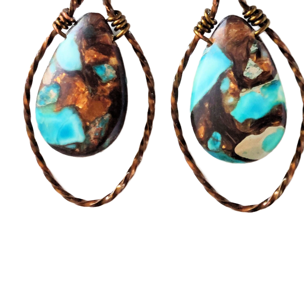 Teal Impression Jasper & Bronzite Teardrop in Twisted Wire Frame Earrings