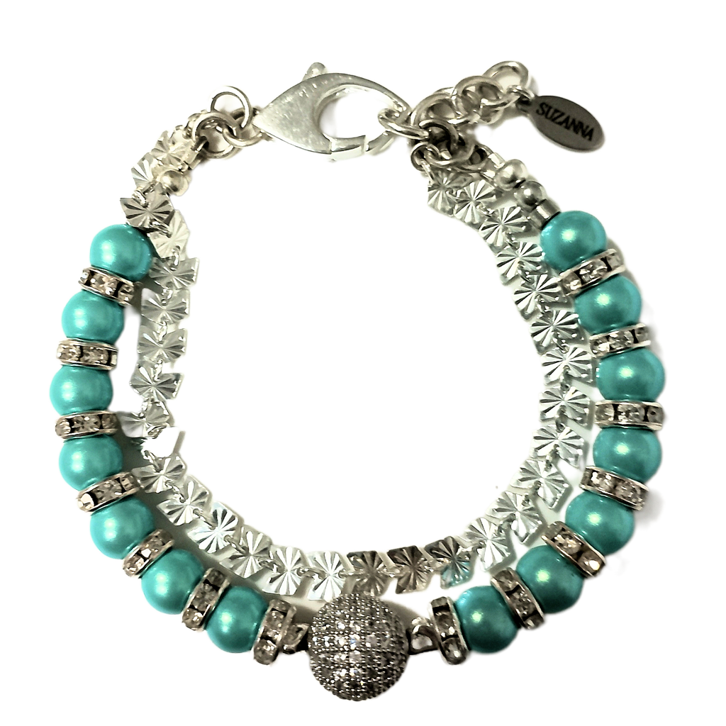Iridescent Turquoise Green Czech Glass Pearls, Rhinestones, Dazzling Pave Focal & Sterling Silver Butterfly Chain Two-Strand Bracelet