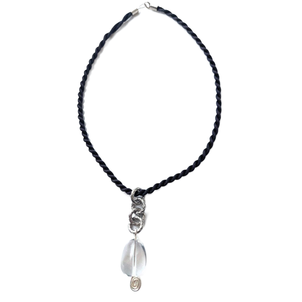 Polished Clear Quartz Stone & Diamond-Cut Stainless Steel Pendant Necklace