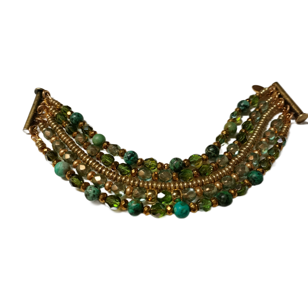 African Turquoise, Czech Glass, and Brass Heishi Five -Strand Bracelet