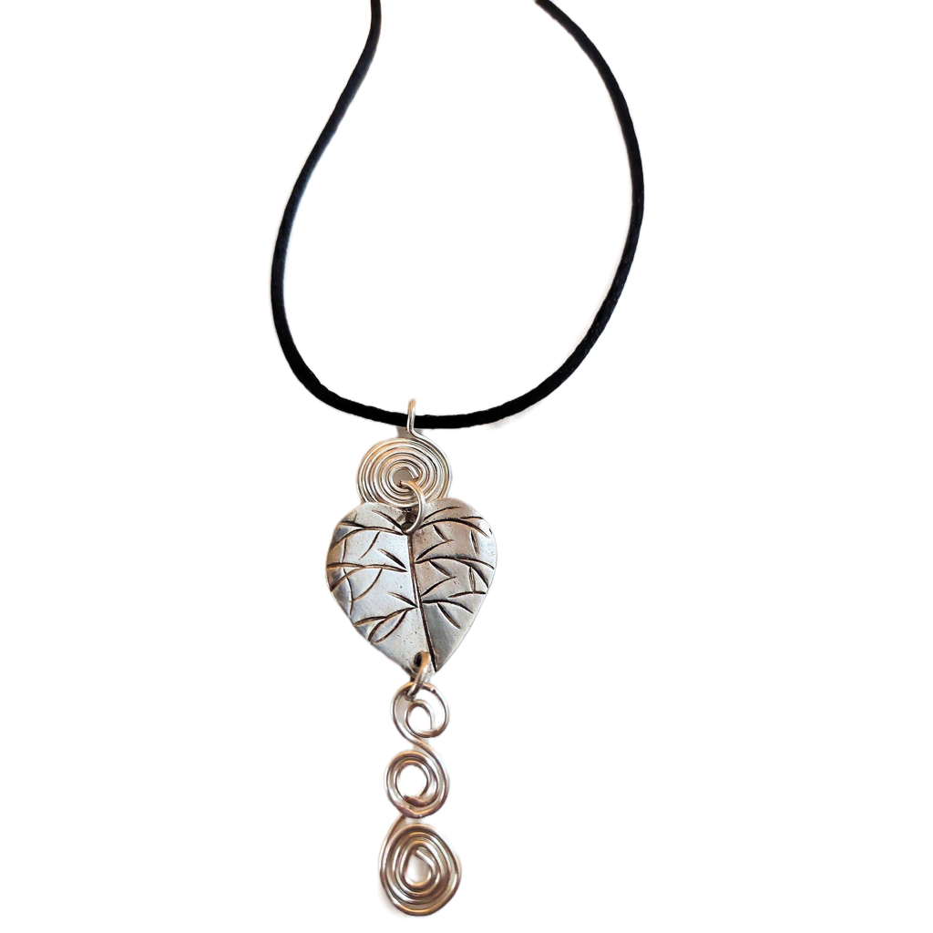 Hill Tribe Silver Leaf with Silver Spirals Accent Pendant Necklace OOAK