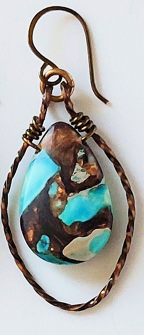 Teal Impression Jasper & Bronzite Teardrop in Twisted Wire Frame Earrings